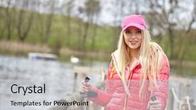  Presentation with walking nordic - Beautiful presentation featuring saut la perche athletisme - joyful blond girl dressed backdrop and a  colored foreground