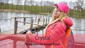  Presentation with walking nordic - Presentation having saut la perche athletisme - joyful blond girl dressed background and a  colored foreground