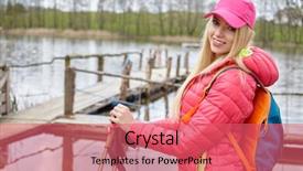  Presentation with girl in red dress - Colorful slides enhanced with saut la perche athletisme - joyful blond girl dressed backdrop and a  colored foreground