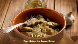  Presentation with olive oil - PPT theme featuring sauteed-artichoke-with-garlic background and a tawny brown colored foreground