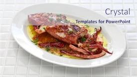 Presentation with spanish food - Beautiful slide deck featuring sauteed-calamari-with-parsley backdrop and a sky blue colored foreground