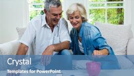  Presentation with piggy bank - Cool new presentation with save animal - happy senior woman putting coins backdrop and a teal colored foreground