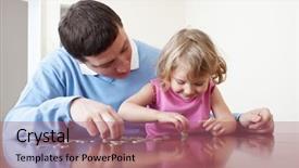 Presentation with father - PPT theme consisting of save children - father and daughter puts coins background and a coral colored foreground