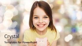  Presentation with piggy bank - Amazing PPT theme having save children - finances childhood saving and people backdrop and a lemonade colored foreground