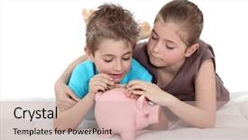  Presentation with piggy bank broken piggybank - PPT layouts enhanced with save children - kids putting coins background and a soft green colored foreground