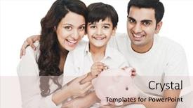  Presentation with piggy bank - Amazing PPT theme having save children - portrait of a happy family backdrop and a lemonade colored foreground