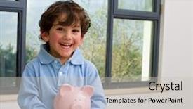  Presentation with boy band - Beautiful presentation featuring save children - young boy holding a piggy backdrop and a light gray colored foreground