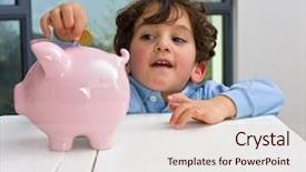  Presentation with piggy bank - Presentation theme with save children - young boy holding a piggy background and a lemonade colored foreground