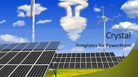  Presentation with wind solar - Beautiful theme featuring save costing - bulb from clouds above backdrop and a light blue colored foreground