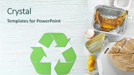  Presentation with recycle glass waste for recycling - Theme consisting of save earth plastics - recycling sign and garbage background and a sky blue colored foreground