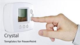  Presentation with save - Audience pleasing theme consisting of save electricity - closeup of hand pressing button backdrop and a sky blue colored foreground