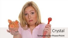  Presentation with power bank - Presentation having save electricity - young woman holding a piggy background and a soft green colored foreground