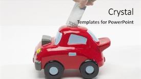  Presentation with piggy bank - Presentation with save fuel - hand putting money in car background and a light gray colored foreground