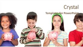  Presentation with save - Slide deck consisting of save kids - happy children with piggy-banks isolated background and a cream colored foreground