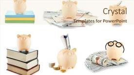  Presentation with save - Colorful PPT theme enhanced with save money concept collection of piggy banks isolated on white backdrop and a lemonade colored foreground