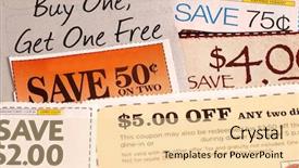  Presentation with advertisement - Presentation design having save money couponing - variety of clipped store advertisement background and a lemonade colored foreground