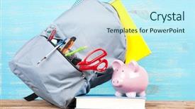  Presentation with piggy bank - Cool new presentation theme with save schools - backpack with school tools backdrop and a cool aqua colored foreground
