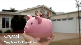  Presentation with saving - Colorful presentation theme enhanced with saving for a home concept pink piggy bank in front of a house backdrop and a coral colored foreground
