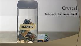  Presentation with saving - Slide set featuring saving jar label education on the wooden background background and a light gray colored foreground