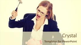  Presentation with piggy bank - Theme having saving money - beautiful business woman is trying background and a cream colored foreground