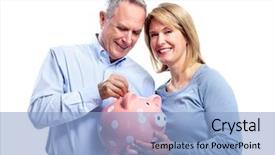  Presentation with piggy bank broken piggybank - Audience pleasing slides consisting of saving money - happy senior couple with piggy backdrop and a light blue colored foreground
