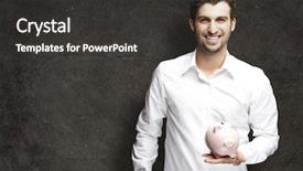  Presentation with piggy bank is evil - Cool new presentation theme with saving money - portrait of young man holding backdrop and a dark gray colored foreground