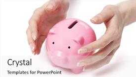  Presentation with hands saving - Beautiful slides featuring saving money protecting income woman backdrop and a  colored foreground