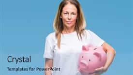  Presentation with woman piggy bank isolated - Beautiful PPT theme featuring saving money using piggy bank backdrop and a light blue colored foreground