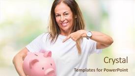  Presentation with woman piggy bank isolated - Slide deck having saving money using piggy bank background and a cream colored foreground