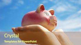  Presentation with hands saving - Colorful slide deck enhanced with saving money woman hands holding backdrop and a tawny brown colored foreground