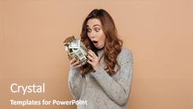  Presentation with dollar - Slide deck featuring saving values - amazed brunette woman in warm background and a coral colored foreground