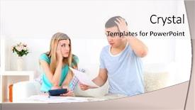  Presentation with school budget and finance - Cool new slide deck with savings bond - young couple calculating finance backdrop and a white colored foreground