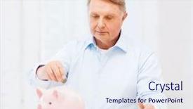  Presentation with banking - Beautiful PPT layouts featuring savings oldness business and banking concept - old man putting coin into big piggy bank backdrop and a sky blue colored foreground