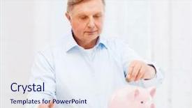  Presentation with banking - Slide deck enhanced with savings oldness business and banking concept - old man putting coin into big piggy bank background and a sky blue colored foreground