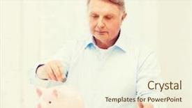  Presentation with banking - Audience pleasing slide set consisting of savings oldness business and banking concept - old man putting coin into big piggy bank backdrop and a cream colored foreground