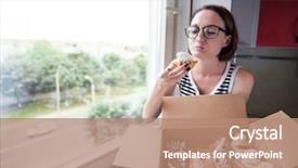  Presentation with pleasure food - Cool new PPT theme with savor - girl eating tasty cakes sitting backdrop and a coral colored foreground