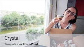  Presentation with pleasure food - Slide deck having savor - girl eating tasty cakes sitting background and a light gray colored foreground