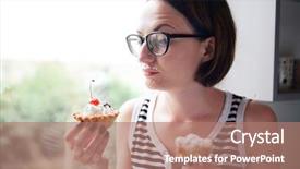  Presentation with pleasure food - Colorful slide deck enhanced with savor - girl eating tasty cakes sitting backdrop and a  colored foreground