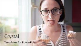  Presentation with pleasure food - Cool new slide deck with savor - girl eating tasty cakes sitting backdrop and a  colored foreground