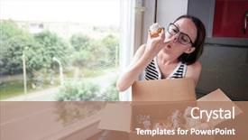  Presentation with pleasure food - Slides having savor - girl eating tasty cakes sitting background and a  colored foreground