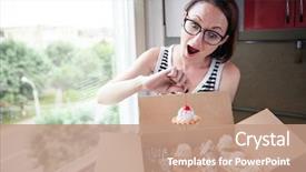  Presentation with pleasure food - Presentation design consisting of savor - girl eating tasty cakes sitting background and a  colored foreground