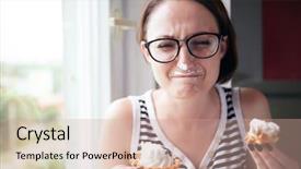  Presentation with pleasure food - Beautiful PPT theme featuring savor - girl eating tasty cakes sitting backdrop and a  colored foreground