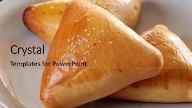  Presentation with snack - PPT theme featuring savory - brazilian snack meat esfiha background and a gold colored foreground