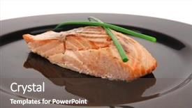  Presentation with salmon dish - Presentation enhanced with savory fish portion norwegian salmon fillet roasted with green chinese onion on black dish isolated over white background background and a tawny brown colored foreground