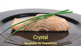  Presentation with salmon dish - Presentation design featuring savory fish portion norwegian salmon fillet roasted with green chinese onion on black dish isolated over white background background and a tawny brown colored foreground