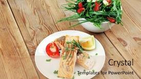  Presentation with salmon dish - Audience pleasing slides consisting of savory fish portion roasted norwegian salmon chunks and vegetable salad on white dish over wooden table backdrop and a coral colored foreground
