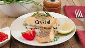  Presentation with salmon fish - Amazing theme having savory fish portion roasted norwegian salmon chunks with lemon and vegetable salad rosemary twig and red caviar in white bowl over wooden table backdrop and a coral colored foreground