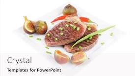  Presentation with green plate - Presentation with savory grilled juicy beef pork steak served with hot cayenne peppers green chives and sweet figs on plate isolated over white background background and a white colored foreground