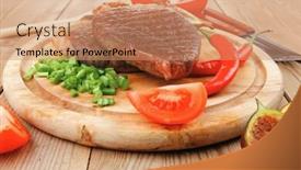  Presentation with cutlery - Amazing PPT theme having savory grilled juicy beef pork steak served with hot cayenne peppers green stuff sweet figs and cutlery on wood plate over wooden table backdrop and a coral colored foreground