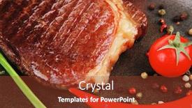  Presentation with hot metal - Colorful presentation theme enhanced with savory grilled juicy beef steak served with hot cayenne peppers cherry tomato green chives on metal pan isolated over white background backdrop and a tawny brown colored foreground